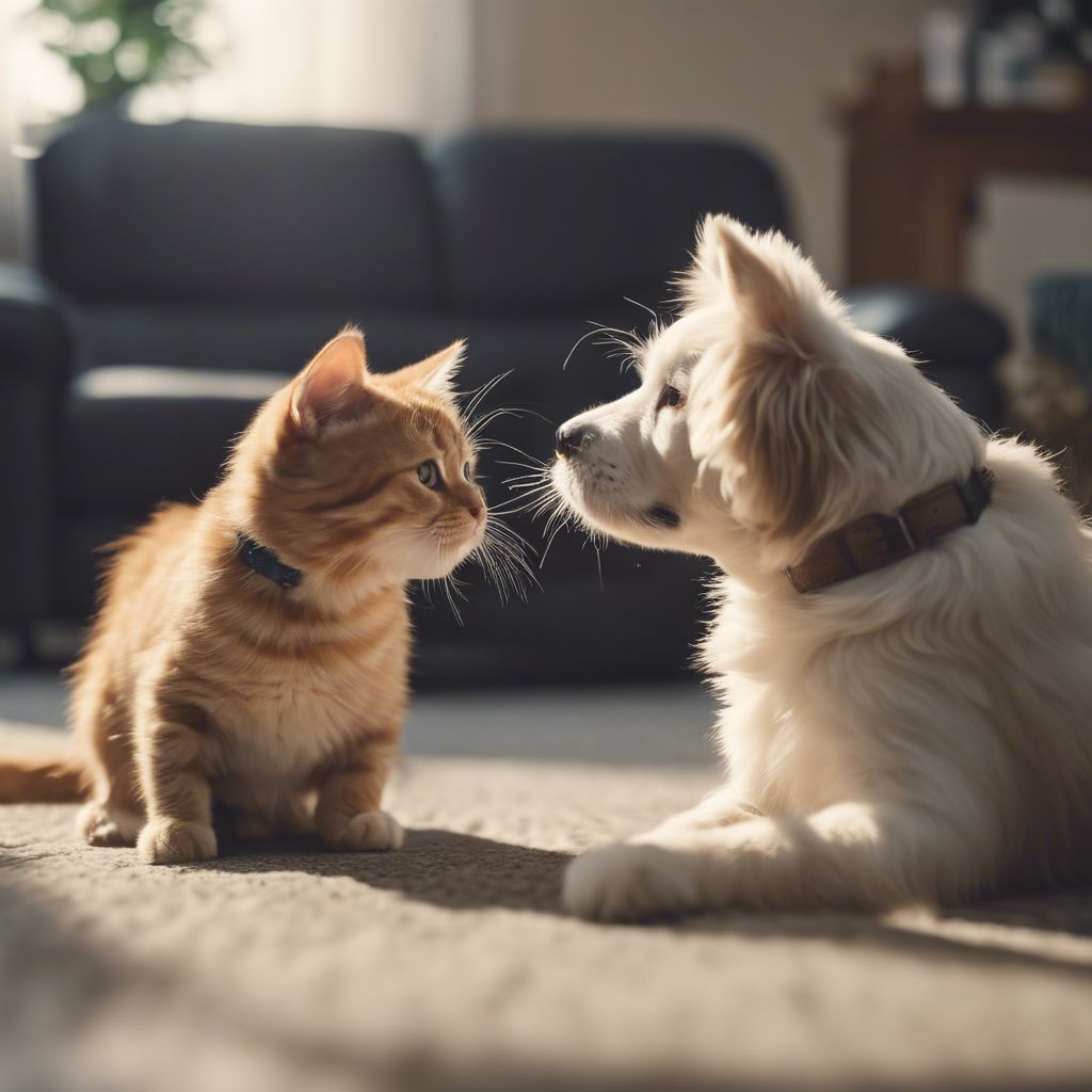 Foto de um gato e um cachorro se conhecendo